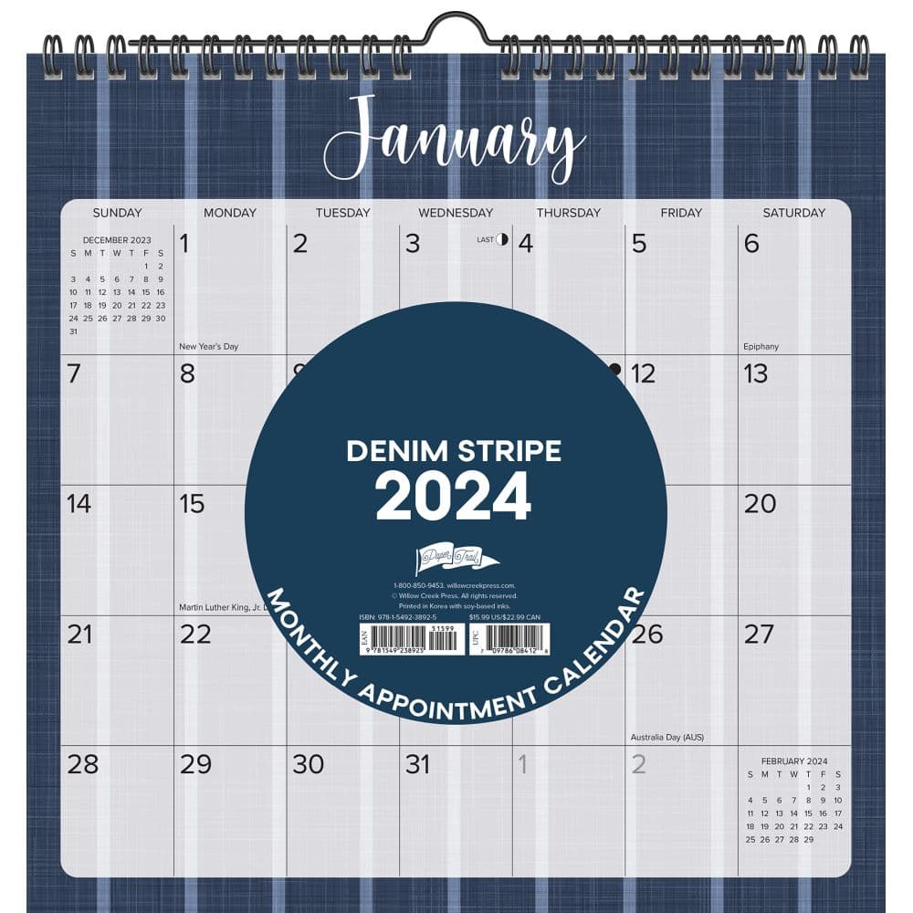 Denim Stripe Spiral Art 2024 Wall Calendar